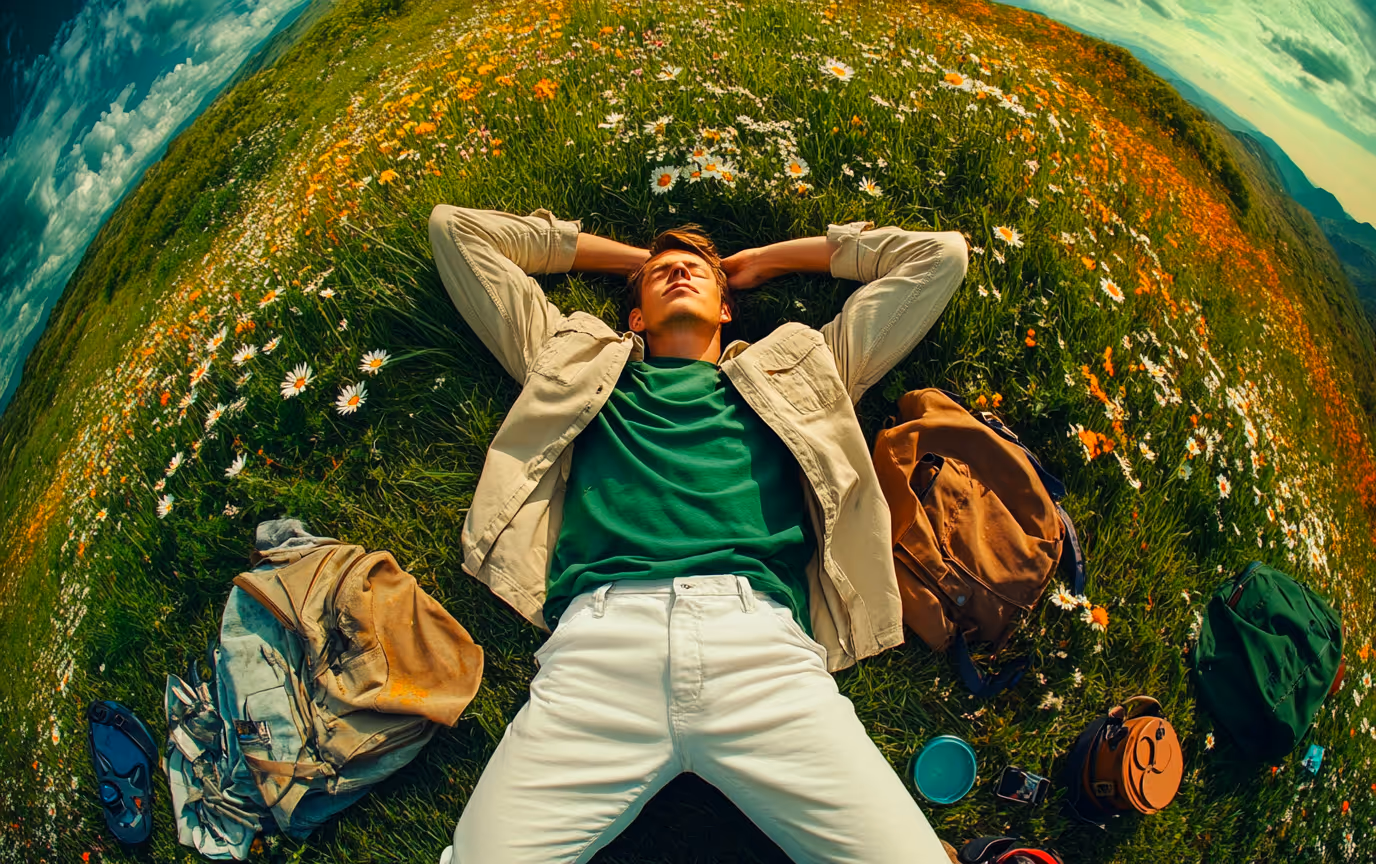Un ragazzo e rilassato steso su un prato con erba verde e fiori. Fish eye.