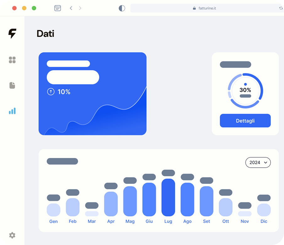 Dashboard screen displaying data charts with a blue line graph showing a 10% increase, a circular progress indicator at 30%, and a bar chart for monthly data of 2024 from January to December.
