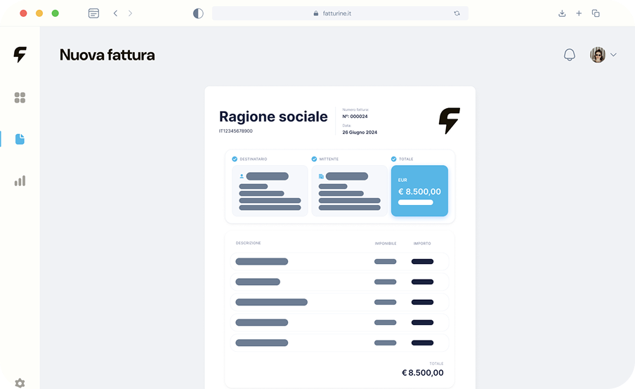 User interface for creating a new invoice on fatturine.it showing company details, invoice number 000024, date 26 June 2024, sender and recipient info, and total amount €8,500.00.