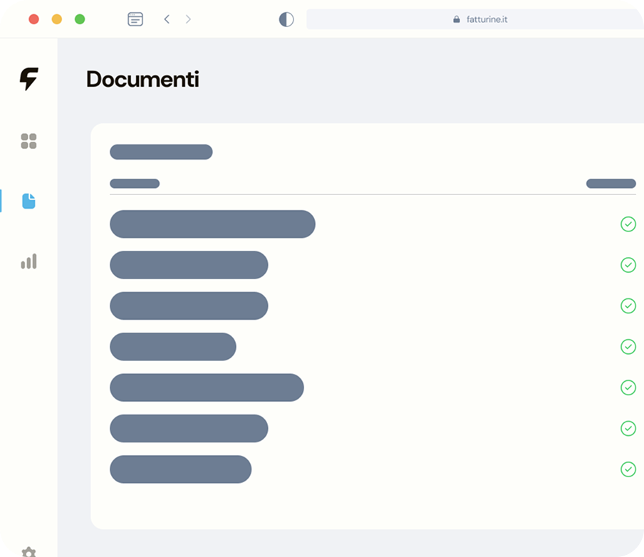 Webpage titled 'Documenti' showing a list of documents, each with a green checkmark on the right indicating completion or approval.